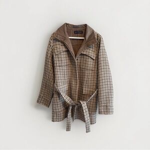 Peruvian Connection Brown Plaid Belted Button-Front Trench Alpaca Lining